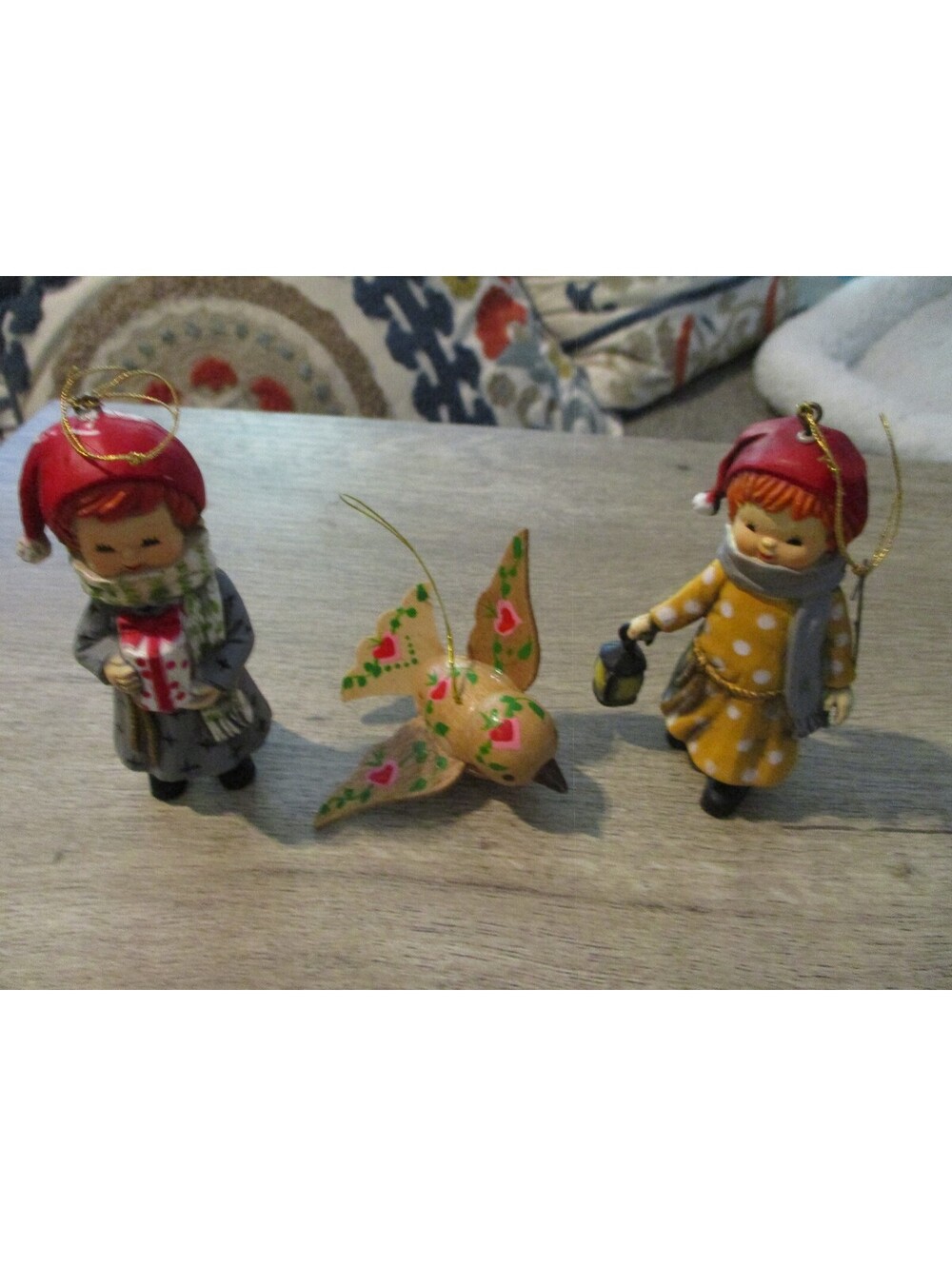 Vintage Mid Century Kitsch Christmas Ornament Lot 3pc Carolers Wood Bird